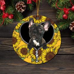 Black French Bulldog Sunflower Zipper Mica Circle Ornament Perfect Gift For Holiday Perfect Gifts For Family On Christmas