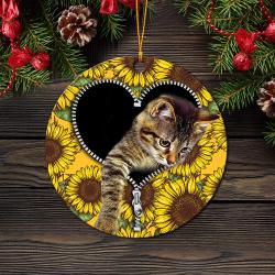 Cute Cat Sunflower Zipper Mica Circle Ornament Perfect Gift For Holiday Perfect And Unique Gifts For Family On Christmas
