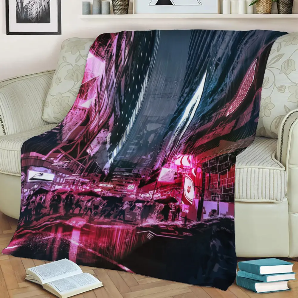Cyberpunk City Fleece Throw Blanket Meaningful Gift For Halloween Christmas