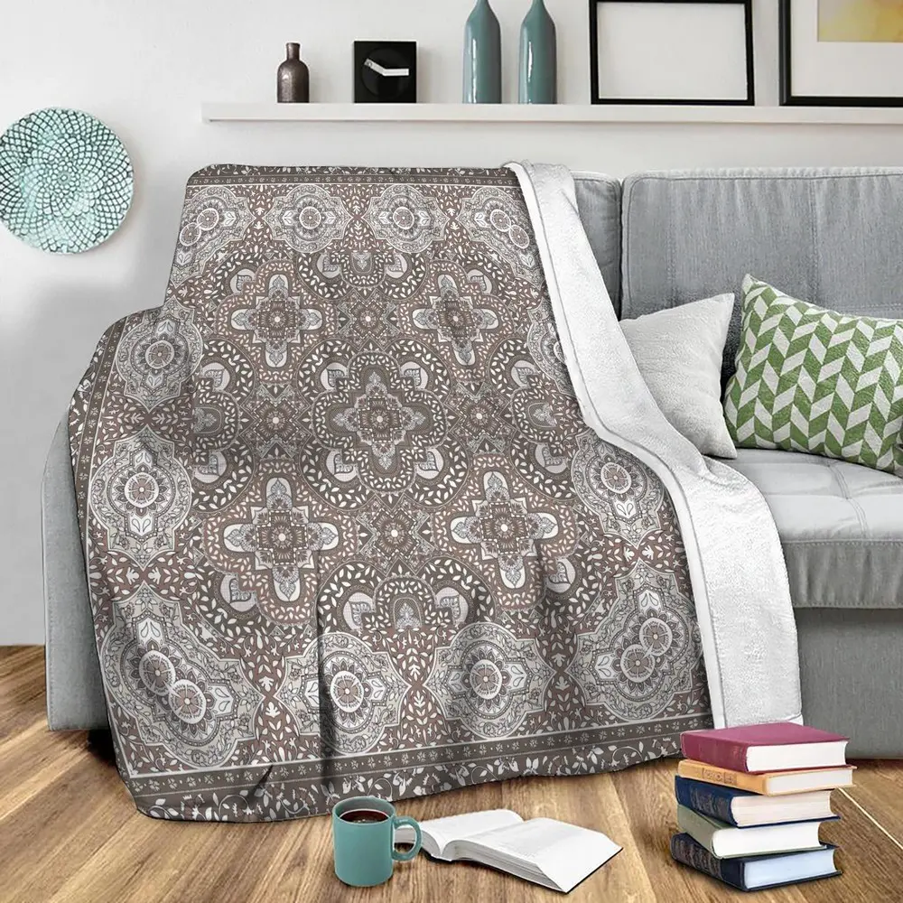 Farah Border Neutral Fleece Throw Blanket Meaningful Gift For Halloween Christmas