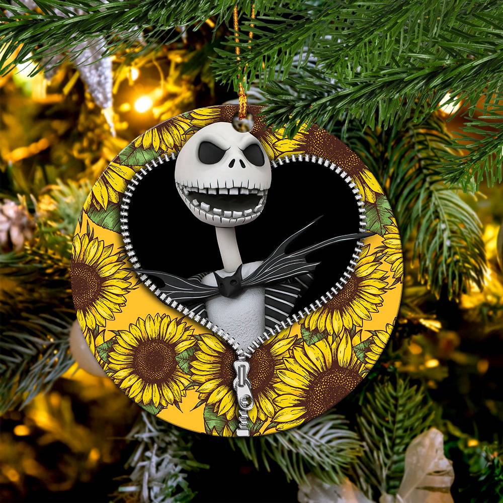Jack Skellington Nightmare Before Christmas Sunflower Zipper Mica Circle Ornament Perfect Gifts For Family On Christmas