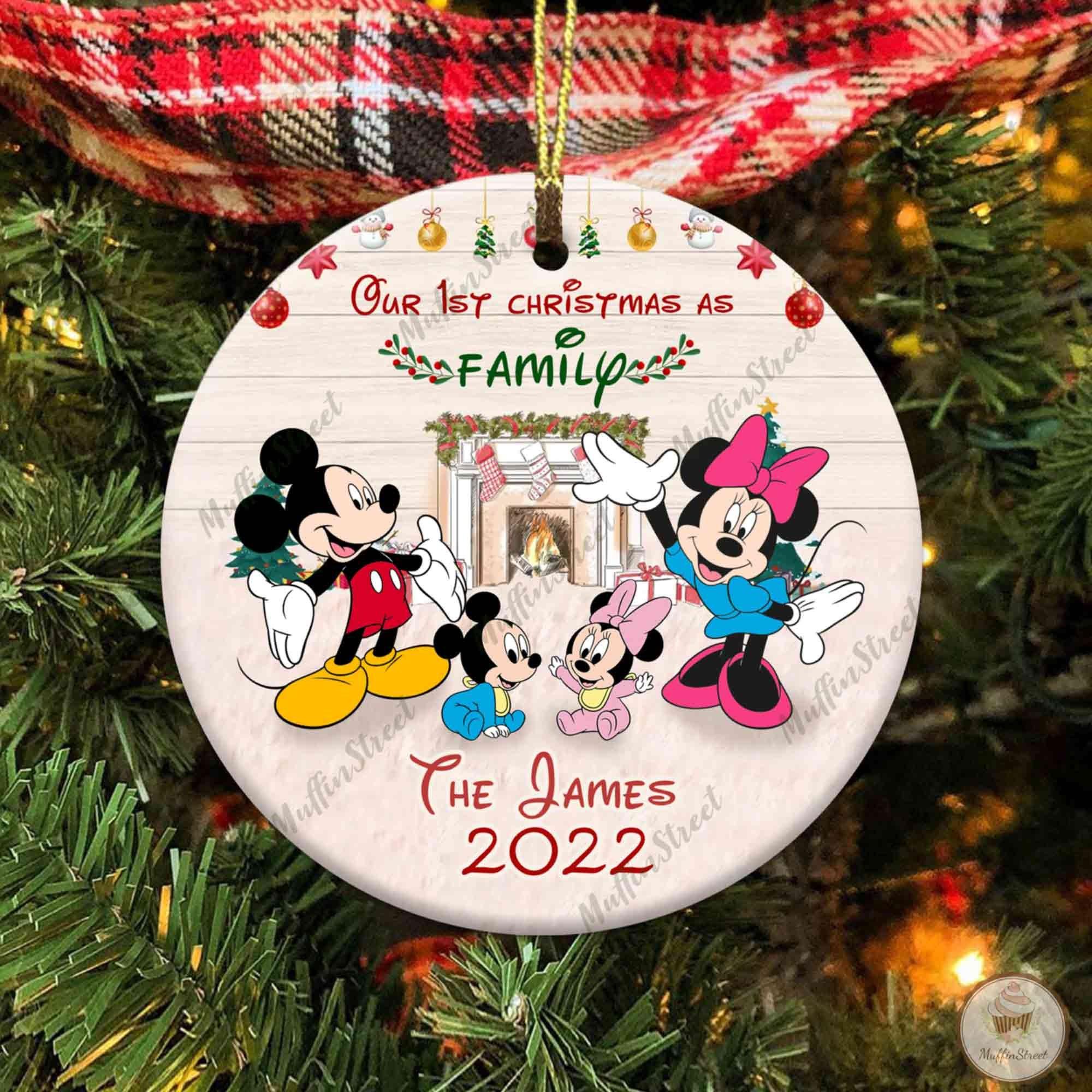 Personalized Mickey And Minnie Disney Our First Christmas As A Family Ceramic Ornament Perfect Gifts For Family On Christmas