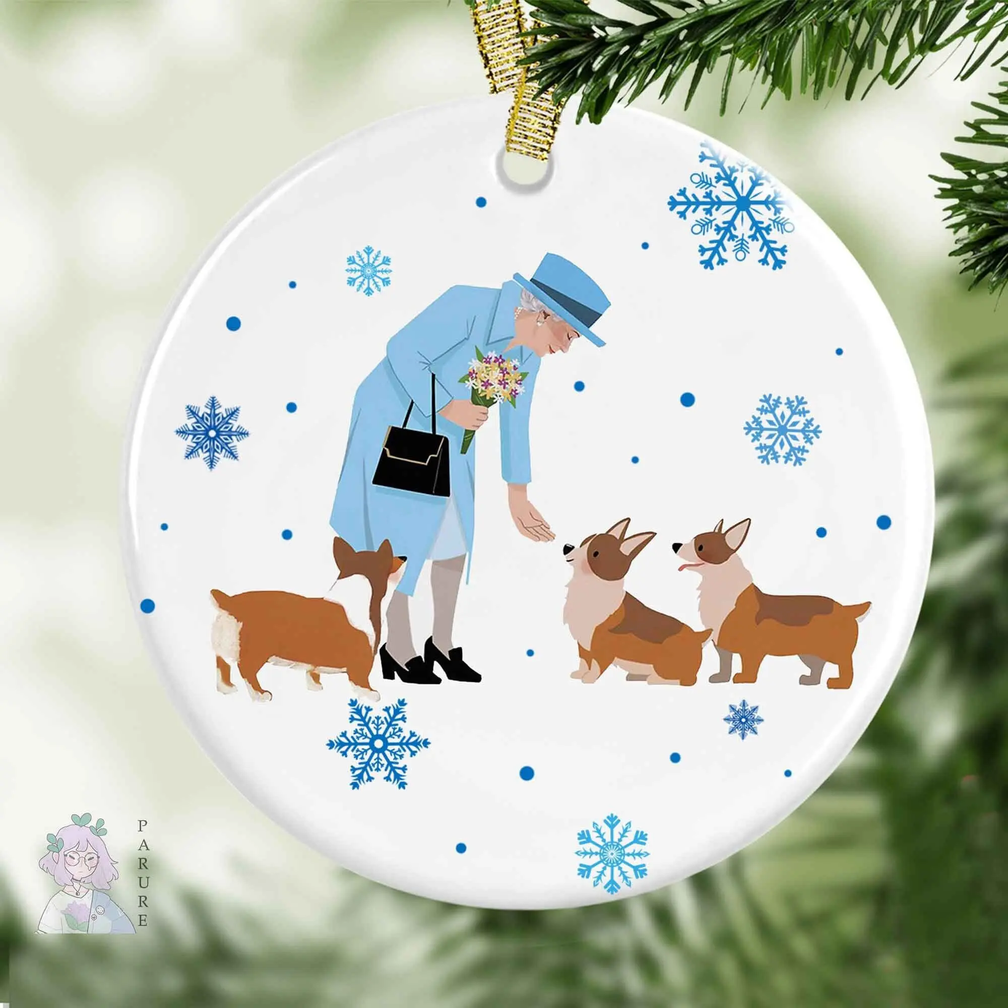 Queen Elizabeth And Her Corgis Christmas Ceramic Ornament Perfect And Unique Gifts For Family On Christmas