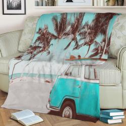 Retro Van Aqua Blue Teal Fleece Throw Blanket Meaningful Gift For Halloween Christmas