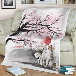 Sakura Cat Fleece Throw Blanket Meaningful Gift For Halloween Christmas