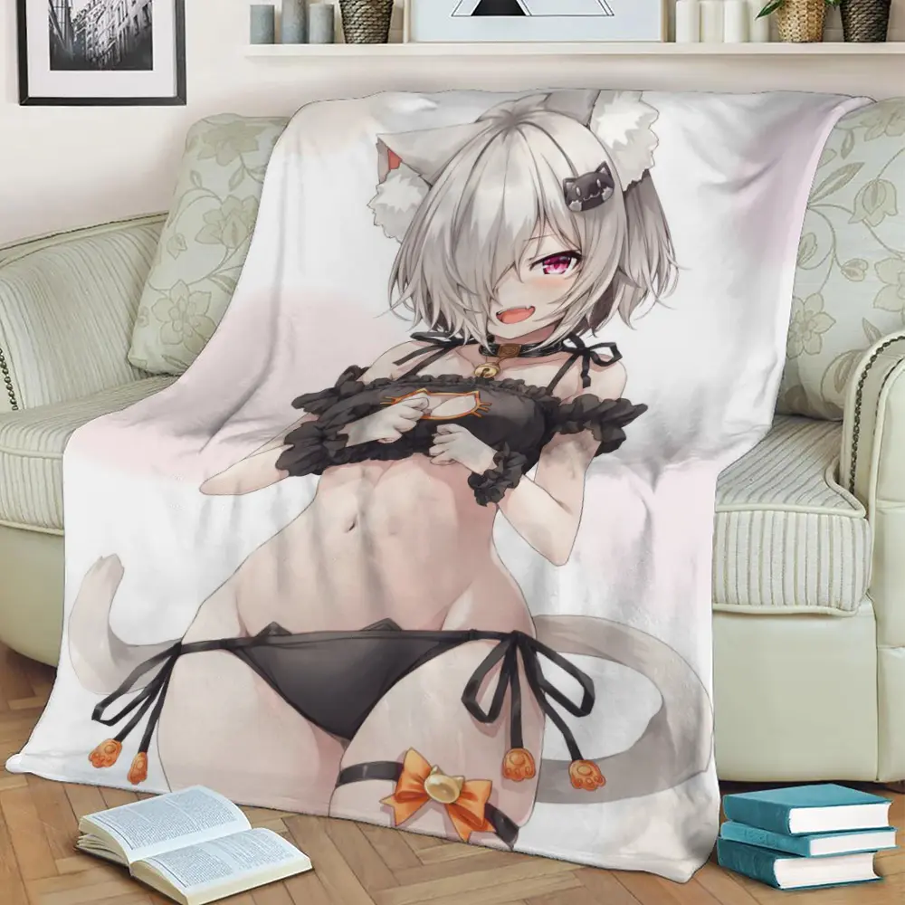 Silver Neko Cat Girl Fleece Throw Blanket Meaningful Gift For Halloween Christmas