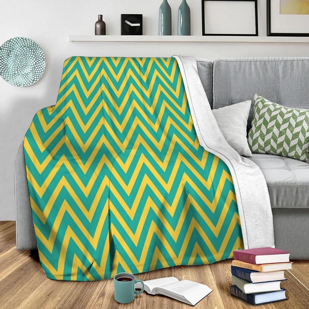 Teal Chartreuse Chevron Fleece Throw Blanket Meaningful Gift For Halloween Christmas