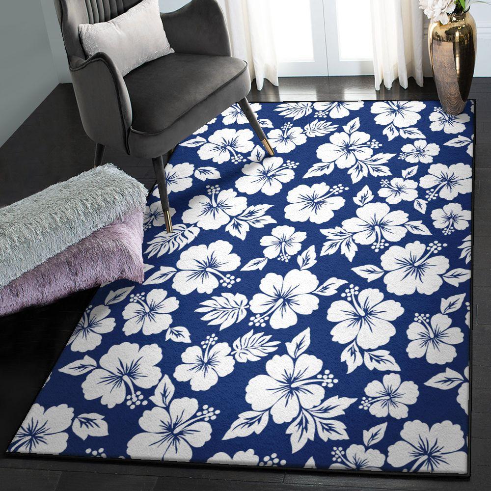 Hibiscus Kitchen Rugs, White Blue Hibiscus Floral GS CL Rug
