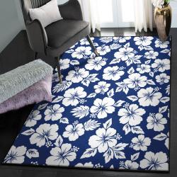 Hibiscus Kitchen Rugs, White Blue Hibiscus Floral GS CL Rug