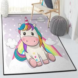 One horned Horse Area Rugs, Cartoon Unicorn Is Sitting On Clouds GS Rug