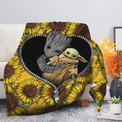 Movie Baby Groot And Baby Yoda Sunflower Zipper Premium Fleece Sherpa Blanket Perfect Gifts For Family On Christmas