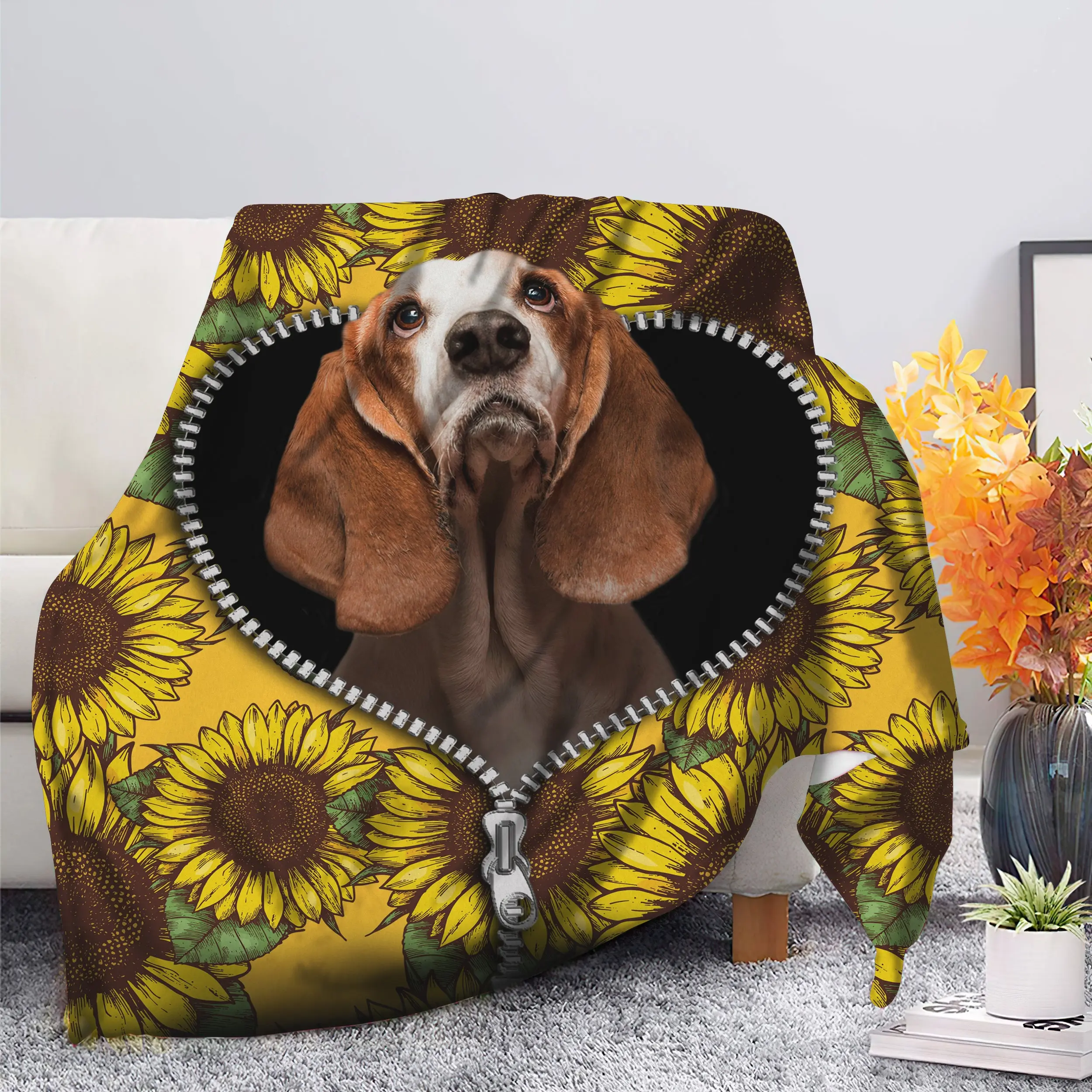 Animal Basset Hound Sunflower Zipper Premium Fleece Sherpa Blanket Perfect Gifts For Family On Christmas