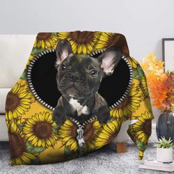 Animal Black French Bulldog Sunflower Zipper Premium Fleece Sherpa Blanket Perfect Gifts For Family On Christmas
