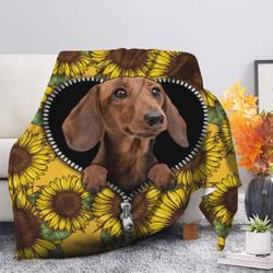 Animal Brown Dachshund Sunflower Zipper Premium Fleece Sherpa Blanket Perfect Gifts For Family On Christmas