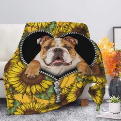 Anime Bull Dog Sunflower Zipper Premium Custom Fleece Sherpa Blanket Perfect Gifts For Family On Christmas