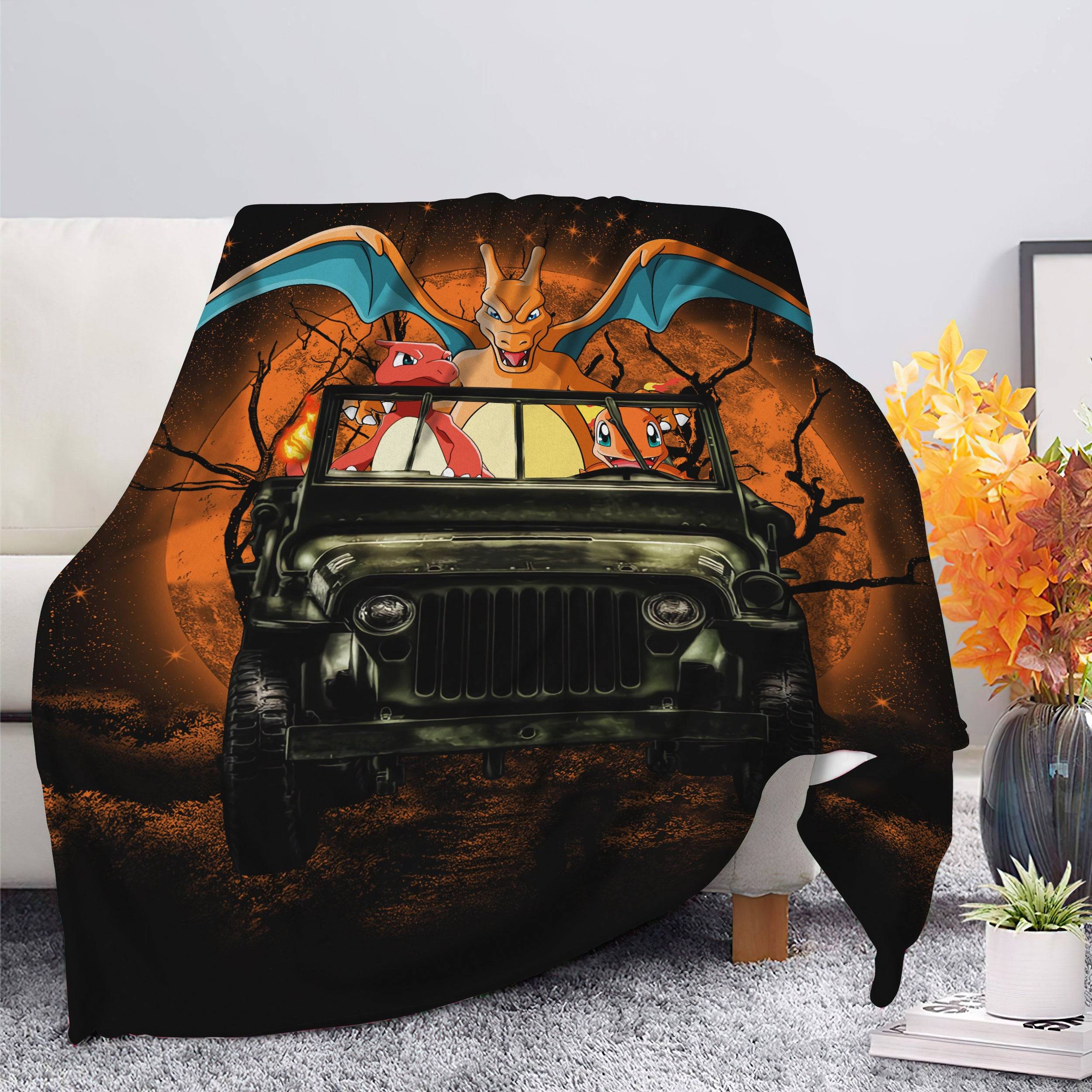 Anime Charizard Charmender Pokemon Drive Jeep Moonlight Halloween Funny Premium Fleece Sherpa Blanket