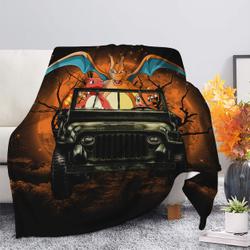 Anime Charizard Charmender Pokemon Drive Jeep Moonlight Halloween Funny Premium Fleece Sherpa Blanket