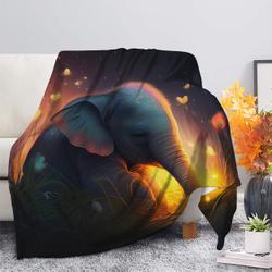 Animal Cute Baby Elephant Bedded Down In The Grass Safe And Cozy Fireflies Moonlight Premium Fleece Sherpa Blanket