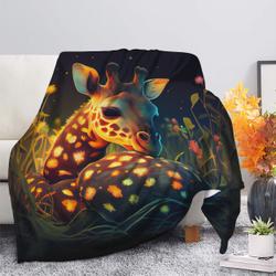 Animal Cute Baby Giraffe Bedded Down In The Grass Safe And Cozy Fireflies Moonlight Premium Fleece Sherpa Blanket