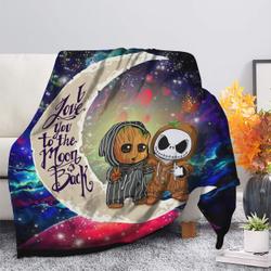 Anime Cute Baby Groot And Jack Nightmare Before Christmas Love You To The Moon Galaxy Fleece Sherpa Blanket