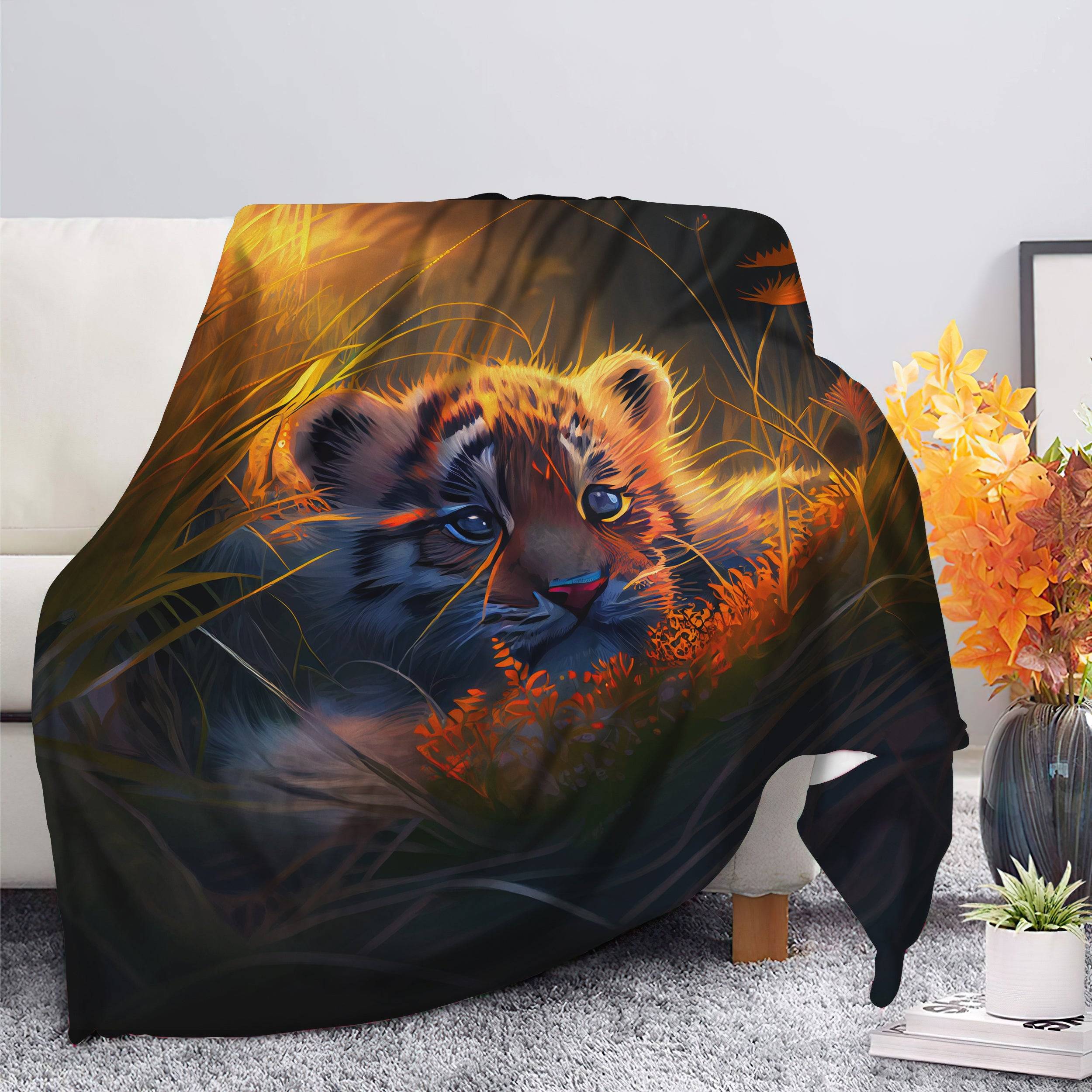 Animal Cute Baby Tiger Bedded Down In The Grass Safe And Cozy Fireflies Moonlight Premium Fleece Sherpa Blanket