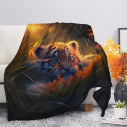 Animal Cute Baby Tiger Bedded Down In The Grass Safe And Cozy Fireflies Moonlight Premium Fleece Sherpa Blanket