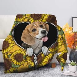 Animal Cute Beagle Dog Sunflower Zipper Premium Fleece Sherpa Blanket Perfect Gifts For Family On Christmas