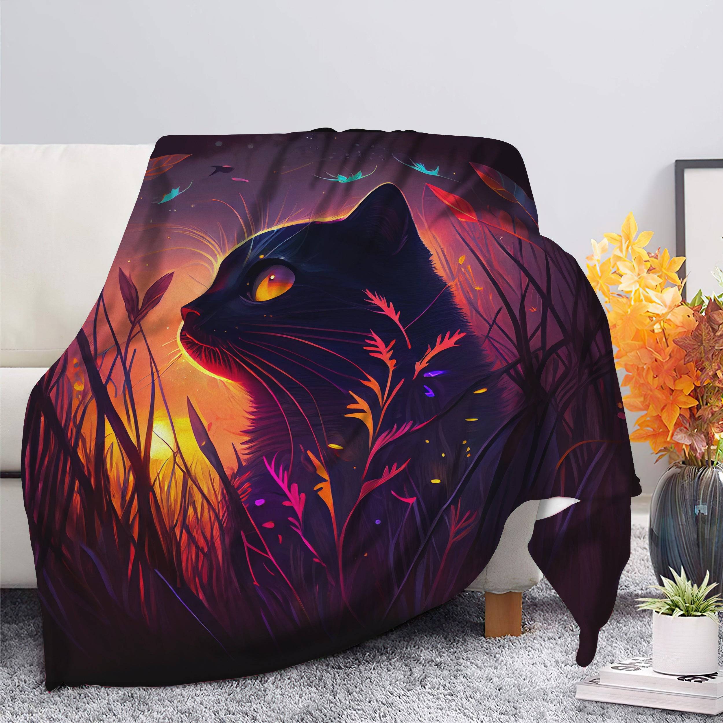 Animal Cute Black Cat Bedded Down In The Grass Safe And Cozy Fireflies Moonlight Premium Fleece Sherpa Blanket