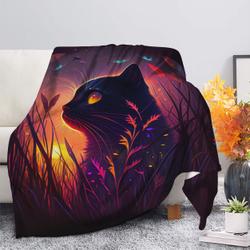 Animal Cute Black Cat Bedded Down In The Grass Safe And Cozy Fireflies Moonlight Premium Fleece Sherpa Blanket