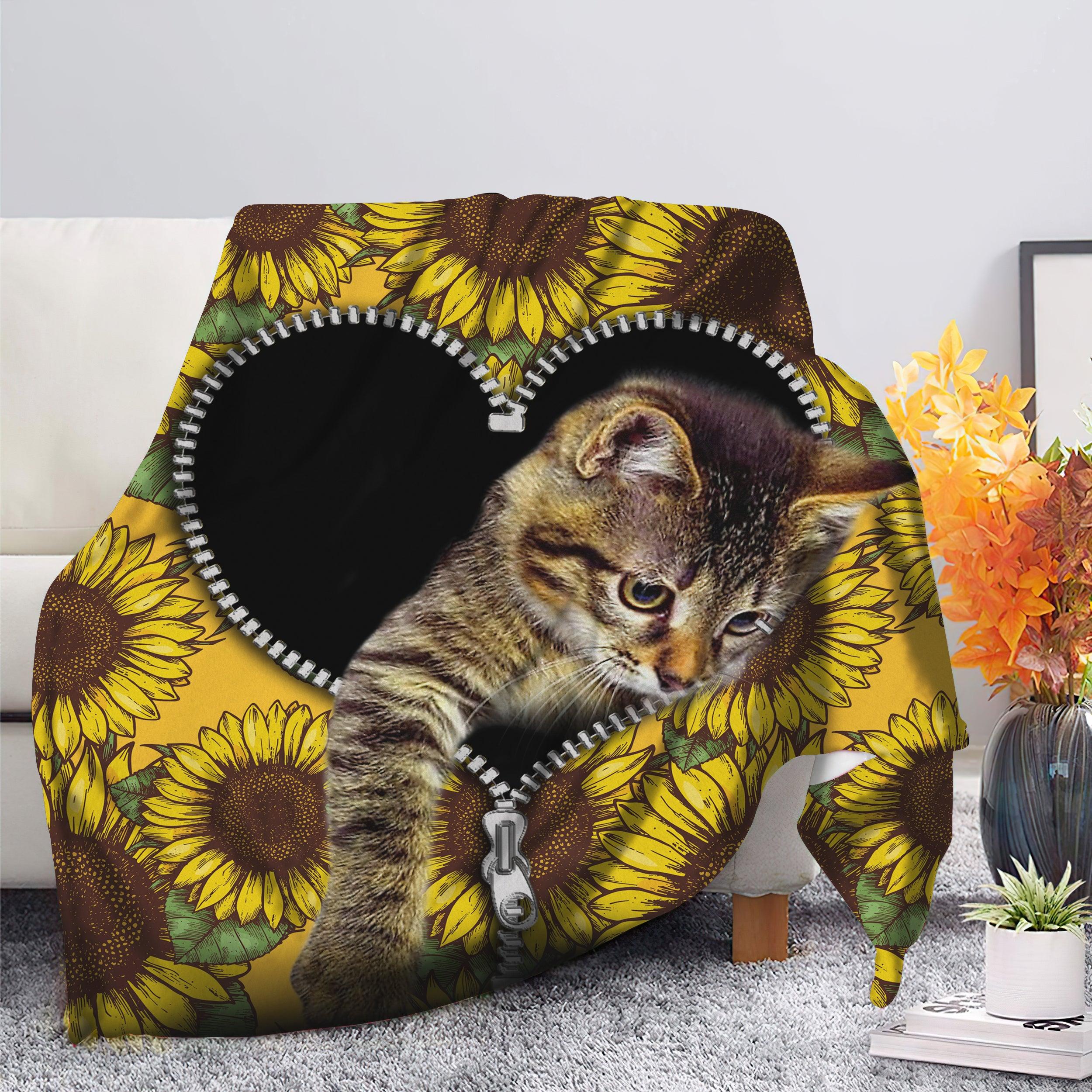 Animal Cute Cat Sunflower Zipper Premium Fleece Sherpa Blanket Perfect Gifts For Family On Christmas