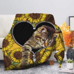 Animal Cute Cat Sunflower Zipper Premium Fleece Sherpa Blanket Perfect Gifts For Family On Christmas