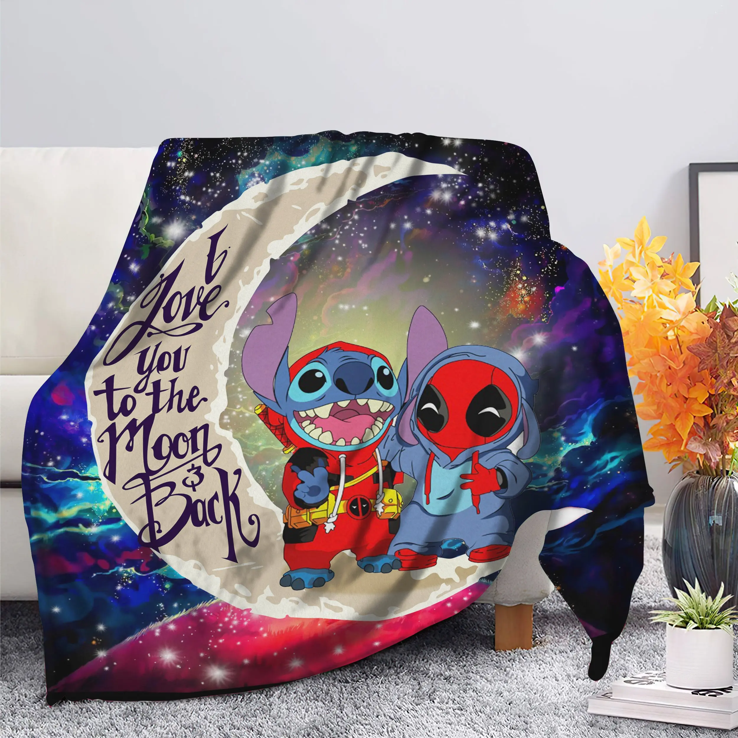 Anime Cute Deadpool And Stitch Love You To The Moon Galaxy Fleece Sherpa Blanket Perfect Gifts For Family On Christmas