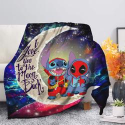 Anime Cute Deadpool And Stitch Love You To The Moon Galaxy Fleece Sherpa Blanket Perfect Gifts For Family On Christmas