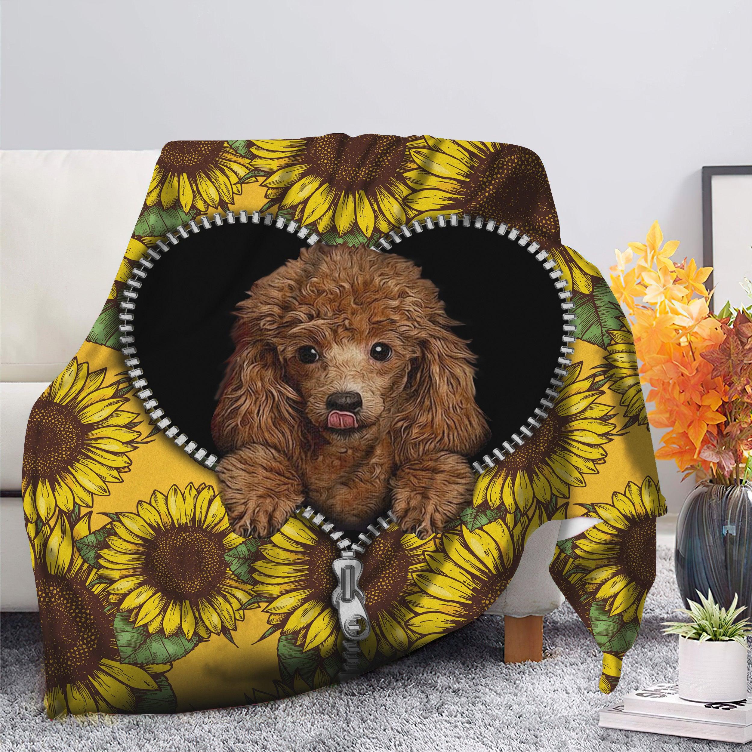 Animal Cute Dog Poodle Sunflower Zipper Premium Fleece Sherpa Blanket Perfect Gifts For Family On Christmas