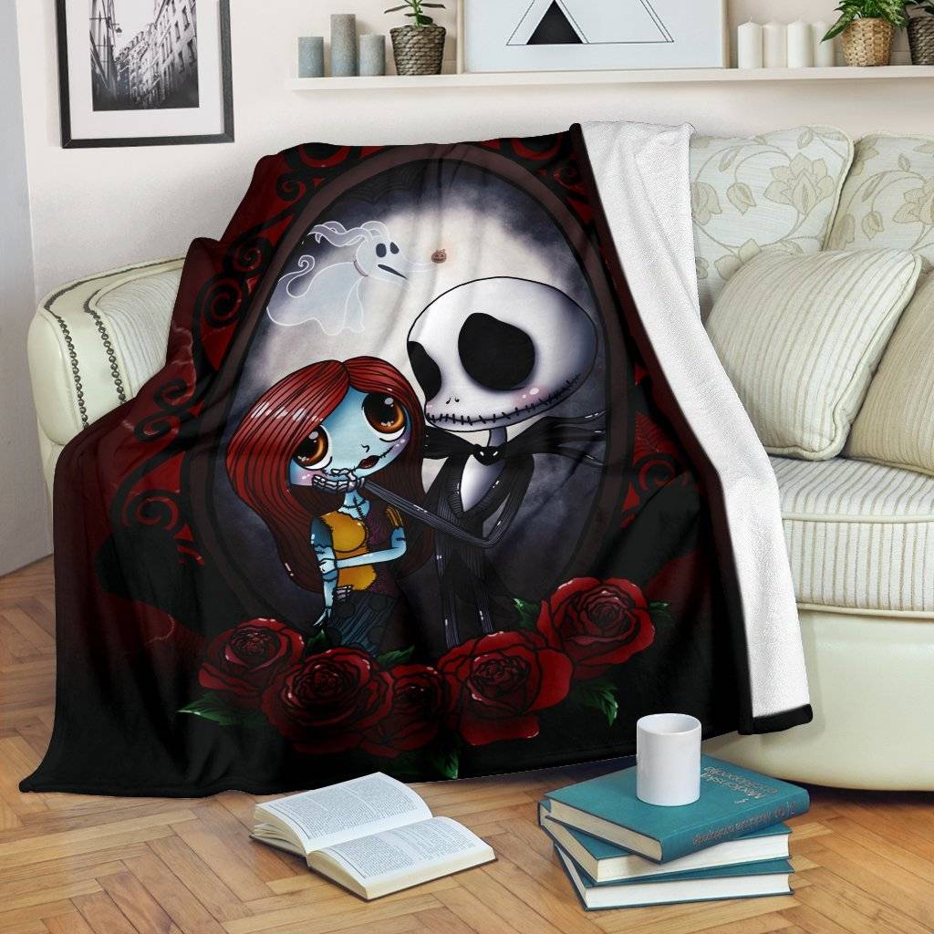 Anime Cute Jack Skellington And Sally Premium Fleece Sherpa Blanket Perfect Gifts For Family On Christmas