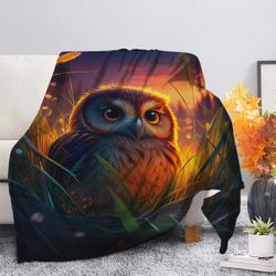 Animal Cute Owl 2 Bedded Down In The Grass Safe And Cozy Fireflies Moonlight Premium Fleece Sherpa Blanket