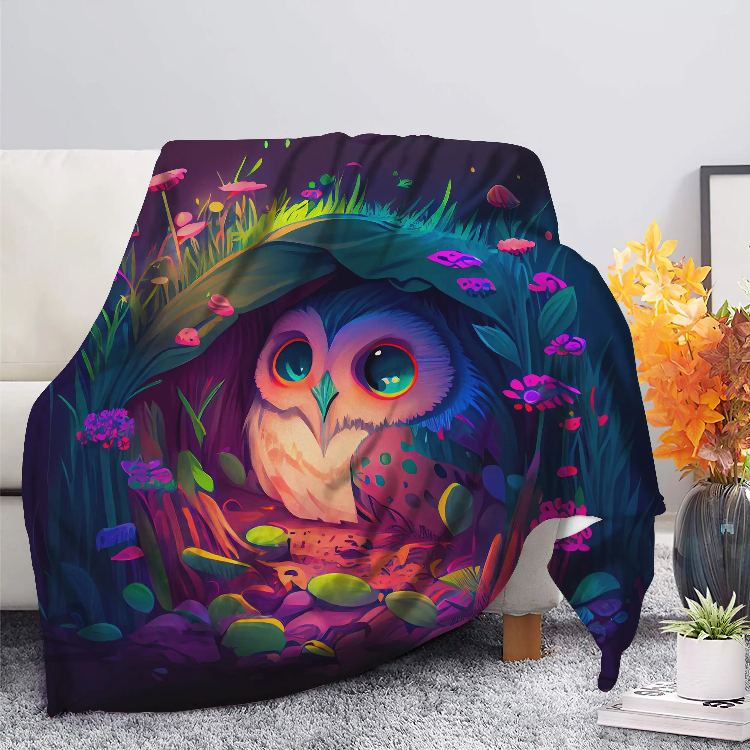 Animal Cute Owl Bedded Down In The Grass Safe And Cozy Fireflies Moonlight Premium Fleece Sherpa Blanket