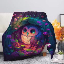 Animal Cute Owl Bedded Down In The Grass Safe And Cozy Fireflies Moonlight Premium Fleece Sherpa Blanket