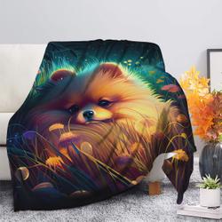 Animal Cute Pomeranian Bedded Down In The Grass Safe And Cozy Fireflies Moonlight Premium Fleece Sherpa Blanket