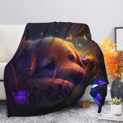 Animal Cute Puppy 2 Bedded Down In The Grass Safe And Cozy Fireflies Moonlight Premium Fleece Sherpa Blanket