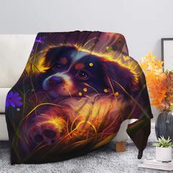Animal Cute Puppy 3 Bedded Down In The Grass Safe And Cozy Fireflies Moonlight Premium Fleece Sherpa Blanket