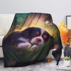 Cute Puppy 4 Bedded Down In The Grass Safe And Cozy Fireflies Moonlight Premium Fleece Sherpa Blanket