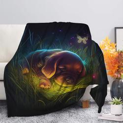 Animal Cute Puppy 6 Bedded Down In The Grass Safe And Cozy Fireflies Moonlight Premium Fleece Sherpa Blanket