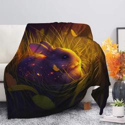 Animal Cute Rabbit 2 Bedded Down In The Grass Safe And Cozy Fireflies Moonlight Premium Fleece Sherpa Blanket