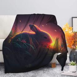 Animal Cute Rabbit Bedded Down In The Grass Safe And Cozy Fireflies Moonlight Premium Fleece Sherpa Blanket