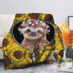 Animal Cute Sloth Sunflower Zipper Premium Fleece Sherpa Blanket Perfect Gifts For Family On Christmas