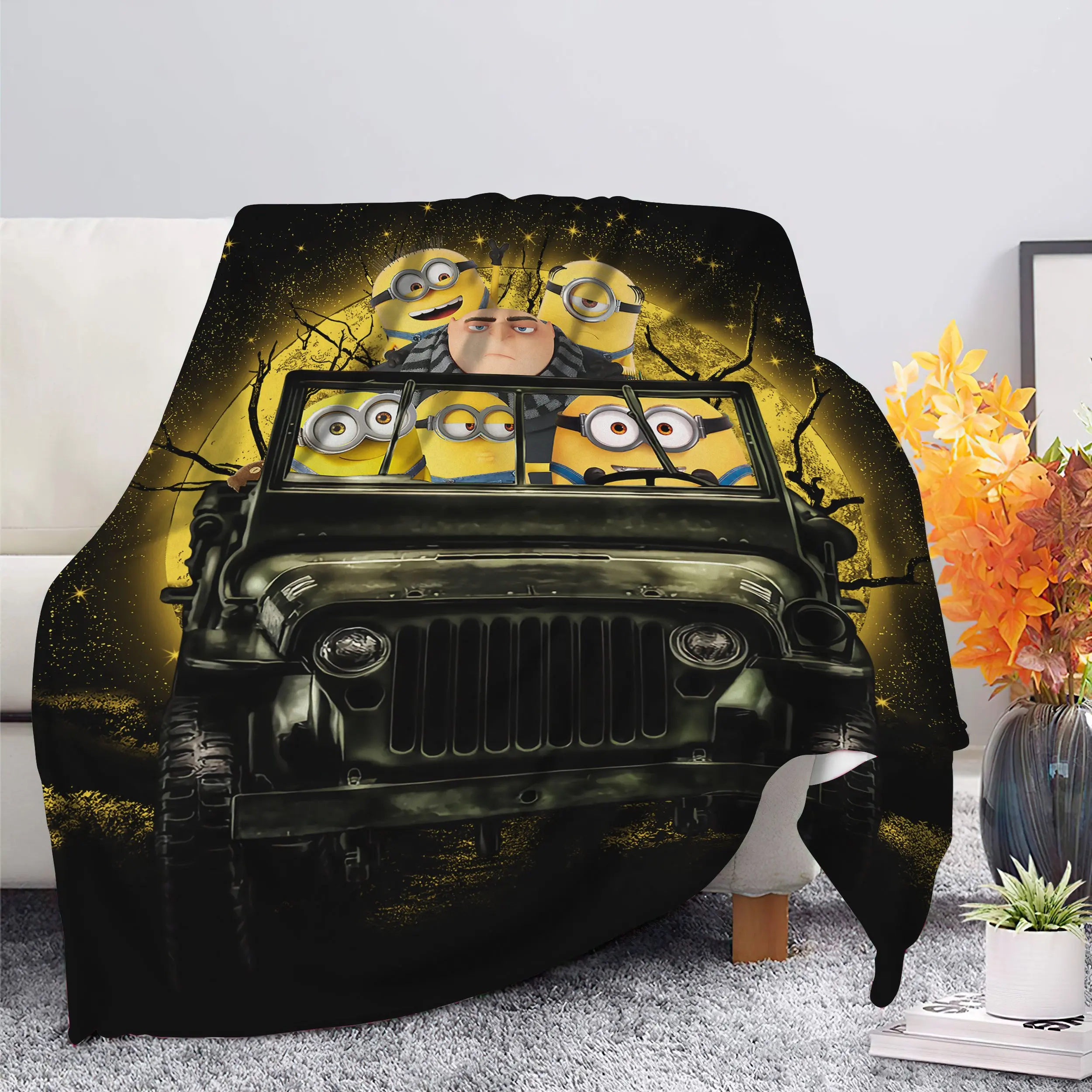Anime Despicable Me Gru And Minions Ride Jeep Moonlight Halloween Funny Premium Fleece Sherpa Blanket