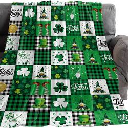 Green Buffalo Plaid St. Patrick S Day Clover Gnomes Fleece Sherpa Blanket Perfect Gifts For Family On Christmas