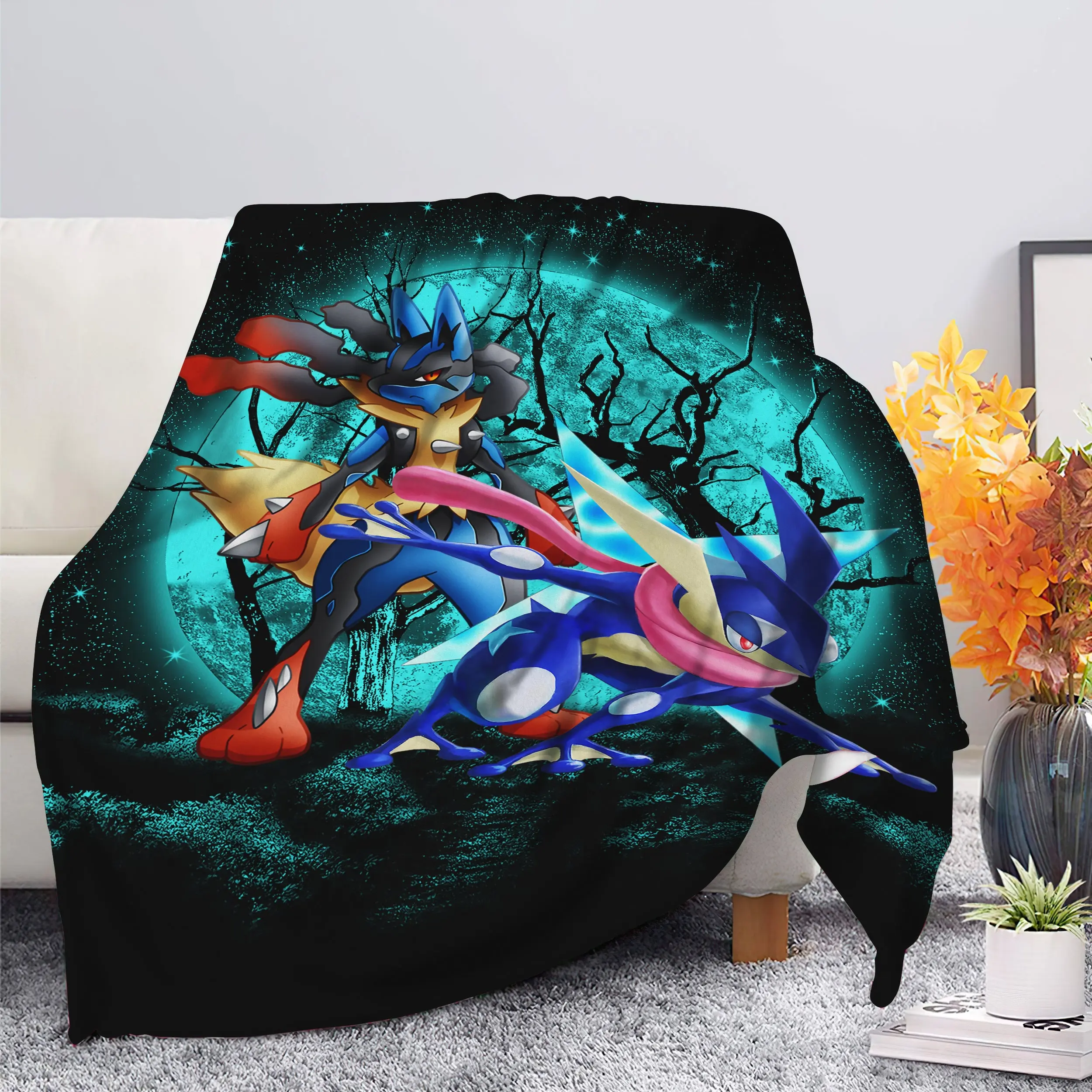 Anime Greninja Satoshi And Mega Lucario Pokemon Moonlight Halloween Premium Fleece Sherpa Blanket