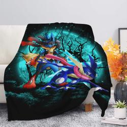 Anime Greninja Satoshi And Mega Lucario Pokemon Moonlight Halloween Premium Fleece Sherpa Blanket